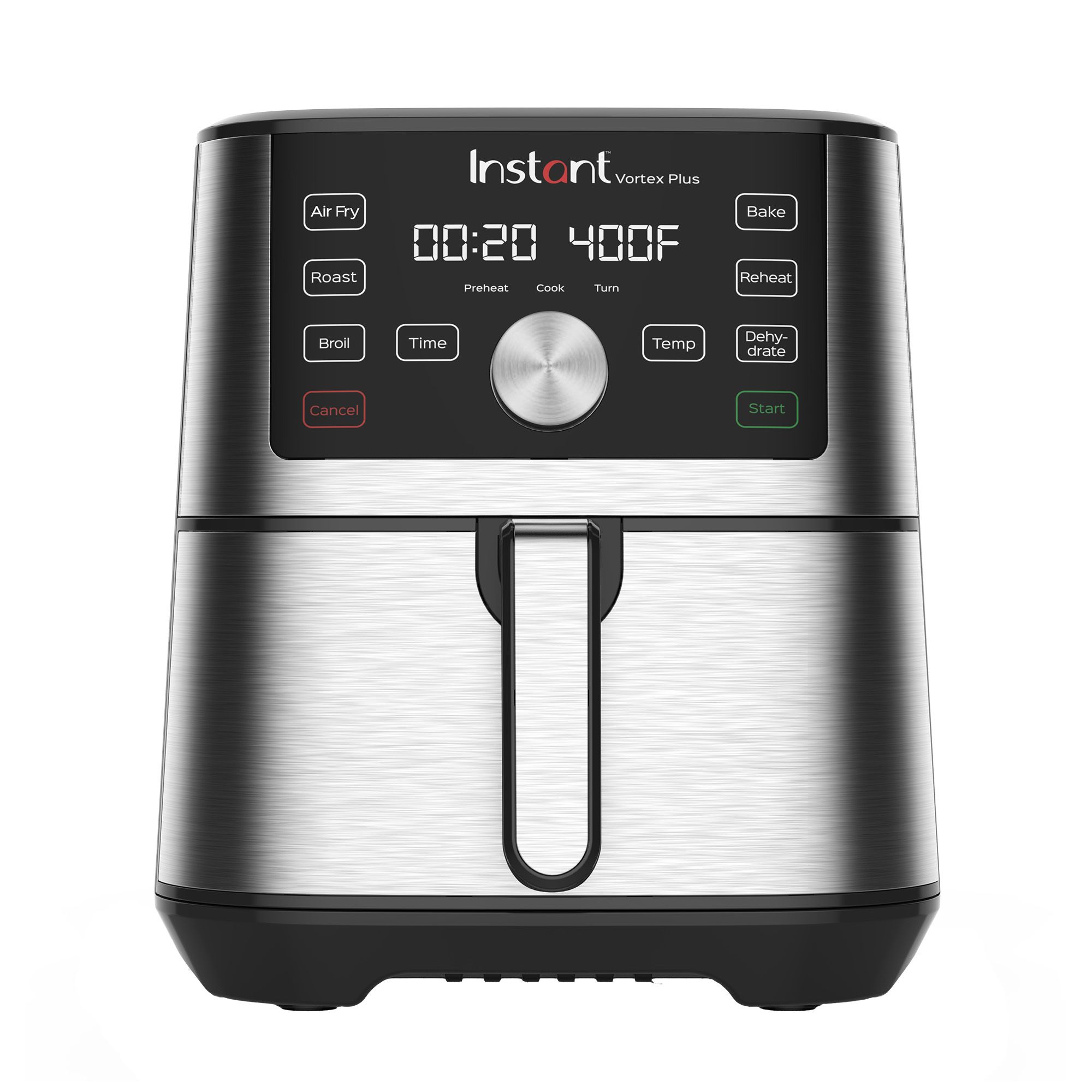 Instant Vortex Plus 6-quart air fryer in stainless steel, front view with control panel and basket handle